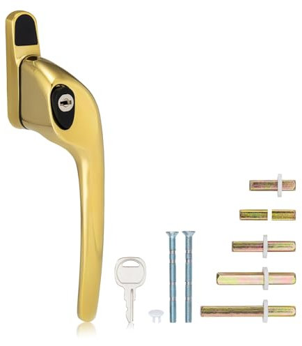 XFORT Cranked Locking Window Handle Installation Kit in Polished Brass, Right Hand UPVC Window Handle Replacement, Offset Lockable Window Lever