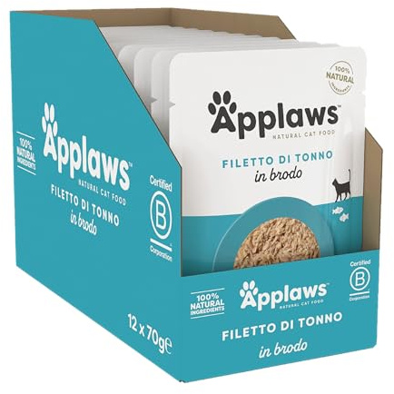 Applaws Nourriture Humide 100% Naturelle pour Chat, Filet de Thon en Bouillon - Pack de 12 Poches de 70g