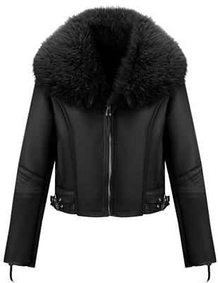 Geschallino Mujeres de Imitación de Cuero de Gamuza Chaqueta Sherpa Forrado Invierno Corto Cálido Abrigo de Motorista 267 Negro S