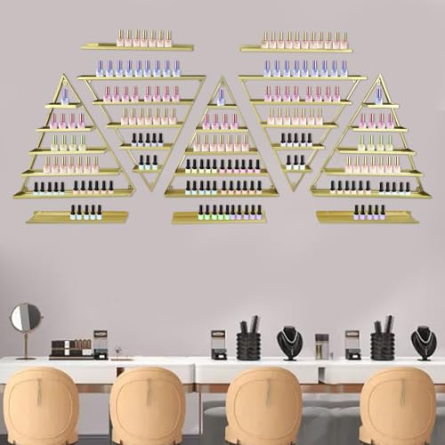 GAOUSD Estantería de pared para esmalte de uñas, rack de almacenamiento de esmalte de uñas, 10 soportes triangulares y barras horizontales, dorado, para tiendas de manicura