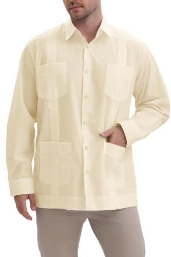 MAXJON Men's Guayabera Shirts for Men Long Sleeve Cuban Snap Button Shirts Mexican Guayabera Shirts with Four Pockets(Creamy,2XL)