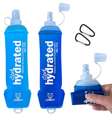 LYNXFIT Soft Flask Running Water Bottle 500ML (Pack of 2) with Carabiner Clips - Collapsible Water Bottle for Running Vest, Cycling, Hiking, Camping & Marathon - TPU, Leakproof and BPA Free