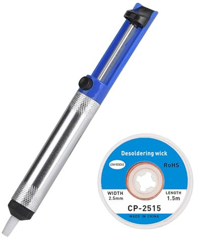 Desoldering Pump Solder Wick, Solder Remover Tool 2-in-1 Kit Included 1pc Solder Sucker Pump and 1pcs Desoldering Wick Solder Braid Wire(2.5mm W 0.10'' L 5') (1)