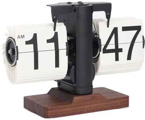 Zunate Flip Down Clock Wood Base, Retro Digital Flip Desk Clock, Large Number Battery Powered Internal Gear Operated Mechanical Melting Clock for Home Room Office (Black Shelf White Page)