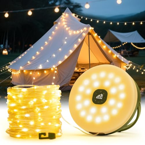 BOLONI Catena luminosa da campeggio arrotolabile, 10 m, 130 LED, batteria 28H, USB-C, 10 modalità (bianco caldo/RGB/SOS) per tende, giardino e decorazioni natalizie