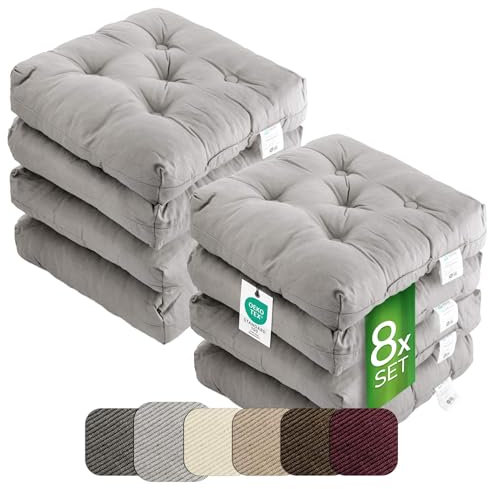 etérea Sitzkissen 42x42 cm 8er Set - Grau 8 cm hoch - Bodenkissen für Indoor, Outdoor, Küche, Garten, Auflage - Heidi Stuhlauflage - 8 Stück Stuhlkissen 40x40 cm Grau