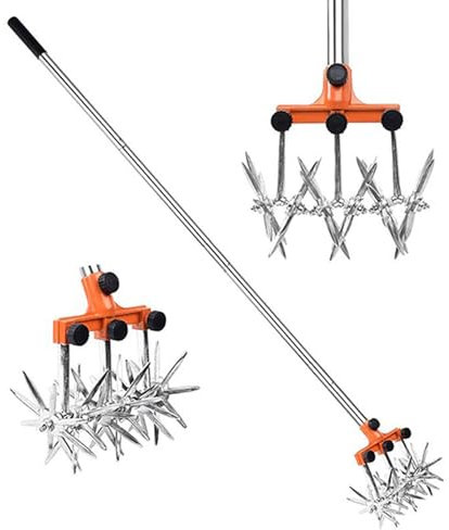 Ensemble de cultivateur rotatif, hauteur réglable de 144,8 cm, outil de jardinage manuel avec dents amovibles en acier, pour réensemencer l'herbe ou le mélange de terre