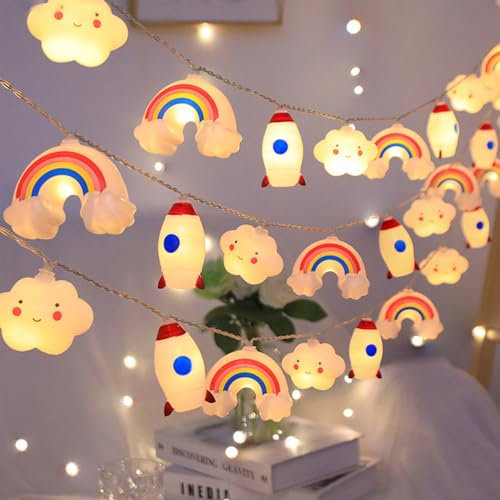 Guirlande lumineuse 10 LED pour chambre d'enfant - 1,5 m - Design astronaute fusée nuages arc-en-ciel - Guirlande lumineuse LED à piles - Pour l'intérieur et l'extérieur - Pour fête à thème, Noël