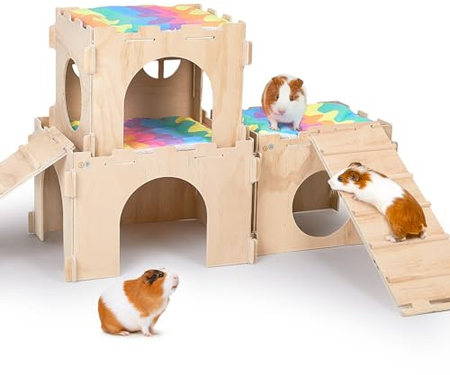BeBeJoJo Cabane en Bois pour Cochons d’Inde, Maison Cachette pour Petits Animaux avec Rampe, Plusieurs Portes et Fenêtres, Accessoire pour Hamsters et Autres Petits Animaux