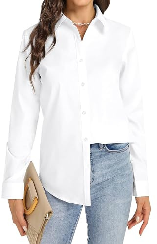 JiaYouLC Women's Long Sleeve Blouses & Shirts Stretch Formal Button Down T Shirts Executive Office Business Casual Tops for Ladies (UK, Alpha, S, Regular, Regular, White, Long Sleeve)