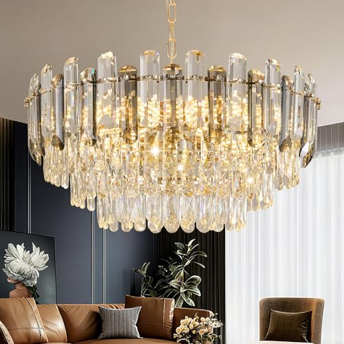 Vodcrindax Gold Crystal Chandelier 24 12-Light 4-Tier K9 Crystal Round Adjustable Pendant Light Modern Crystal Chandeliers for Dining Room Living Room Kitchen Island Bedroom Foyer Entryway