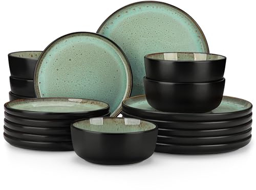 vancasso Tallriks- och skålset, 18 delar, servis i stengods, middagsservis för 6, köksdiskuppsättning, mikrovågs- och diskmaskinssäker keramik, Turf Green, Serie AMBER