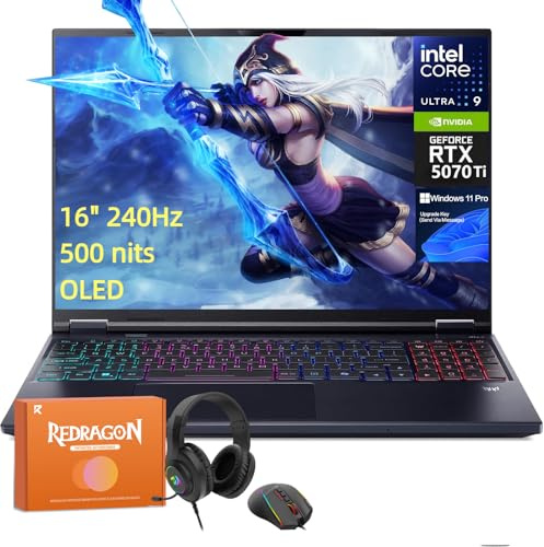 acer Predator Helios Neo 16S AI Gaming Laptop, Intel Core Ultra 9 275HX Up to 13 NPU Tops, GeForce RTX 5070Ti 12GB GDDR7, 16 240Hz 500 nits OLED, 64GB DDR5, 4TB SSD, Windows 11 Pro, W/REDRAGON Mouse