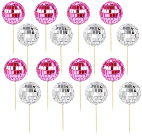 YYTOL Mini bola de discoteca, decoración para tartas, 16 unidades, bolas decorativas para tartas, bolas de discoteca, decoración de cumpleaños, color plateado y rosa