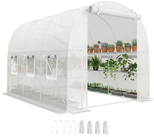 Outsunny Gewächshaus ca. 2,7 x 2 x 2 m Foliengewächshaus mit Regalen Rollbar Reißverschlusstür 6 Netzfenster Stützstangen, UV-beständig Folientunnel, Winterfest Tomatenhaus, Weiß