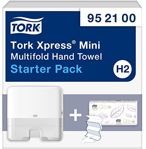 Tork Xpress Mini Spender für Multifold Papierhandtücher Starter Pack 952100, Elevation Design - Kompakter H2 Handtuchspender, Weiß für Falthandtücher + Papierhandtücher Nachfüllen (100 Blatt)