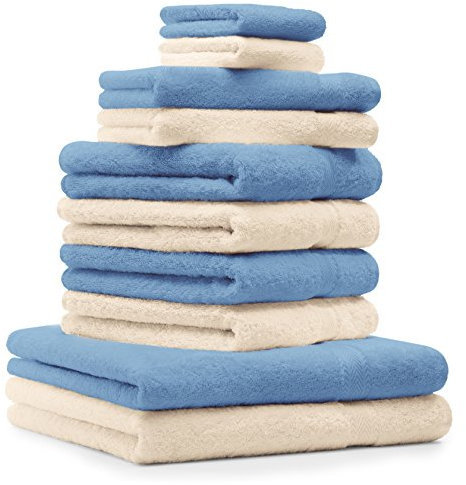 Betz 10-TLG. Handtuch-Set Premium 100% Baumwolle 2 Duschtücher 4 Handtücher 2 Gästetücher 2 Waschhandschuhe Farbe Beige & Hell Blau