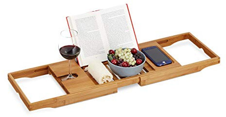 Relaxdays Pont de Baignoire XL, avec Serre-Livre & pour Tablette, Plateau Luxueux, Bambou, Extensible 70-105 cm, Nature