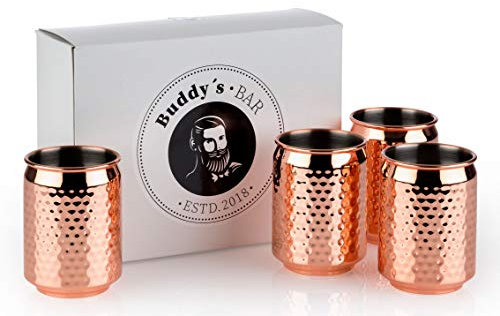Buddy´s Bar - 4 Vasos de cóctel de 7,5 cm de diámetro, 10,5 cm, 350 ml, Acero Inoxidable, Recipiente para Bebidas de Fiesta, Apto para Alimentos, Incluye Caja de Regalo, Juego de 4, Cobre Martillado