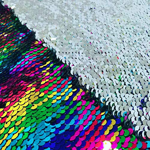 ShinyBeauty Paillettenstoff Material Meerjungfrau Stoff von Das Hof zweifarbige Pailletten Stoff Sequenz Stoff reversible Stoffe (1 Yard, Regenbogen Silber)