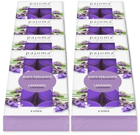 pajoma® värmeljus 8-pack, lavendel | 64 doftlampor i polykarbonatfodral, brinntid ca 4 timmar – höjd 1,5 cm ø 3,5 cm | premiumkvalitet | dekoration, gastronomi, utomhus, vindglas, bröllop