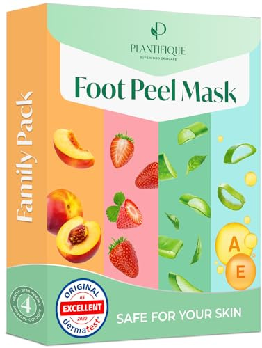 Plantifique Foot Peel Mask – 4 Pairs Exfoliating & Dermatologically Tested Foot Treatment, Removes Dead Skin & Repairs Heels for Soft Feet – Mix Scent, Gift for Women & Men