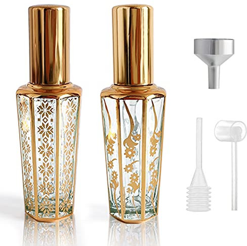 Travel Perfume Atomiser Spray Bottle, Refillable Small Glass Mist Spray Travel Bottle Vintage Hexagon Perfume Travel Bottle Pod Atomizer For Outdoor Travel Gift Holiday Essential (2 pcs Gold)