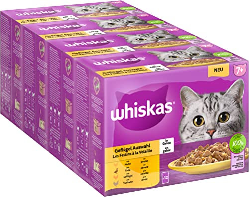 Whiskas 7+ Katzenfutter Geflügel Auswahl in Gelee, 12x85g (4 Packungen) – Hochwertiges Nassfutter ab dem 7. Lebensjahr in 48 Portionsbeuteln – Für die Bewahrung der Vitalität