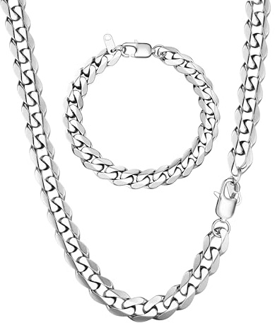 LOLIAS Men Sturdy Chain Necklace Bracelet Set 5/9mm Width, 18 20 22 Length, Silver Tone 316L Stainless Steel Mens Chain Necklace Bracelet for Boy Hip Hop Jewelry Men's Jewellery