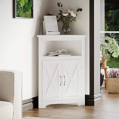 ChooChoo Eckschrank, kleiner Eckschrank mit Scheunentür-Design und verstellbarem Regal, platzsparender Wohnraum für Wohnzimmer, Badezimmer, Küche, Schlafzimmer, Weiß