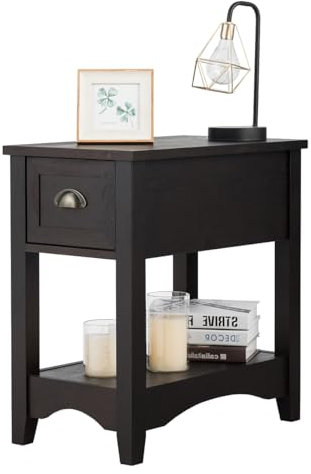 LIFEZEAL Mesilla de Noche de Madera, Mesa Auxiliar con 1 cajón de sofá con Patas de Madera de Hevea, Mesita de Noche de diseño Vintage, para salón, Dormitorio (33 X 56 X 58,5 cm, Nogal, 1)