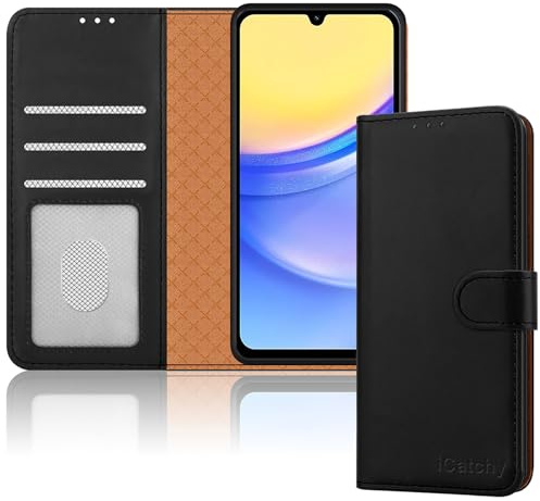 iCatchy for Samsung Galaxy A15 Case Leather Wallet Flip Book Cover with 4 Card Slots, Magnetic Closure, Kickstand Shockproof Protection Compatible with Samsung A15 (Black)
