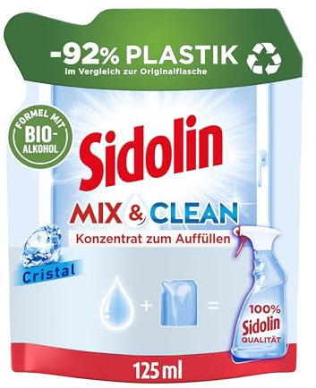 Sidolin Mix & Clean Konzentrat zum Auffüllen Cristal (125 ml), All in 1 Glasreiniger für Sauberkeit, Glanz & Schutz, Fensterreiniger mit Bio-Alkohol, -92% Plastik im Vergleich zur Originalflasche