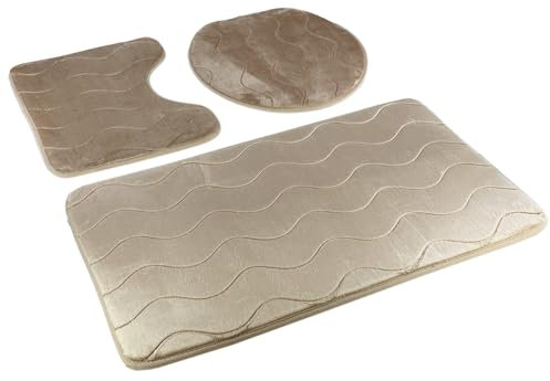Badematten Badset Badgarnitur Rutschfester Badteppich Maschinenwaschbar (Sumba Beige 23, 3 TLG Set) 3 Stück: Teppich 45x75+ Unterlage 45x35+ Auflage 44x38
