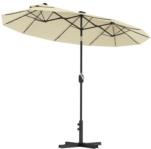 Outsunny Ombrellone Doppio Inclinabile 295x150cm con Manovella, Luci LED, Base a Croce e Prese d'Aria, Ombrellone da Giardino a 12 Stecche in Acciaio e Poliestere, per Giardino Terrazza Balcone, Crema