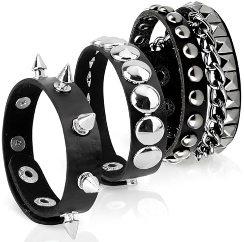 JAWUZ 3 Piezas Pulsera Punk Rock, Pulsera de Cuero con Tachuelas para Hombres y Mujeres, Ajustable y Duradera