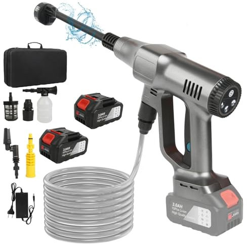 Hidrolimpiadora de Batería 21V Máx 200 Bar, Hidrolimpiadora de Alta Presion con de 3,0Ah Bateria, Press & Clean Pistola Lavado con Pantalla LCD de Potencia y de 3 Velocidades (Plata con 2 Batería)