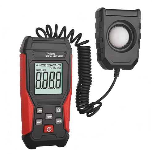 Digital Light Meter, 200-200,000 Lux Photography Light Illuminance Meter, Handheld Lumens LED Brightness Tester with Flexible Corded Sensor & Backlight LCD Display LUX/FC