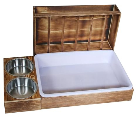 Râtelier à Foin 2-en-1 avec Litière - Distributeur Nourriture & Toilette Lapin, Anti-Gaspillage, Bois & INOX, pour Cage Rongeurs (Hamster, Chinchilla)