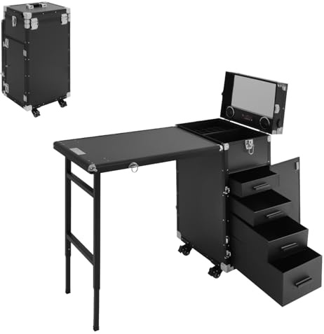 HUOMMGS Valigetta cosmetica professionale Trolley 2 in 1 valigetta per trucco con tavolo, portata massima 50 kg, tavolo per unghie portatile con 4 cassetti e rotelle, valigetta da parrucchiere