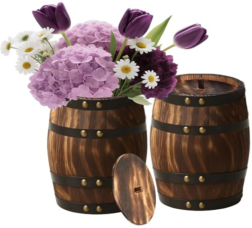 Wood Wine Barrel Vase 2 Pcs 8 x 6.5 Vintage Flower Vase Container Rustic Barrel Planter for Wedding Reception, Table Decoration, Home Indoor/Outdoor Garden, Kitchen, Party