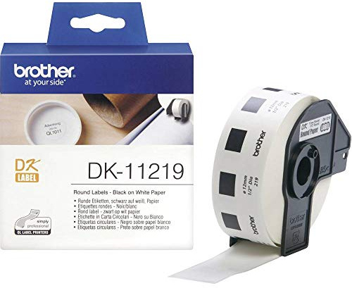 Brother DK-11219 Label Roll, Round Labels, Black on White, 1200 Labels, 12mm, Brother Genuine Supplies