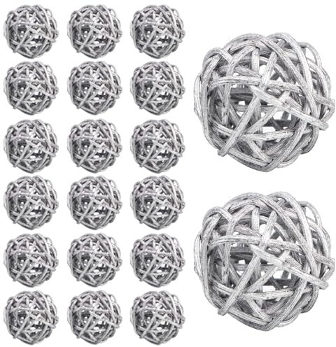HERCHR Rattankugeln 20 Stück - Rattan Bälle Dekorative Kugeln Vasen Füller, Party Ball für Schalen, Rattan Kugeln für Gartenhochzeitsfeier Weihnachten(Grün) (Silber)