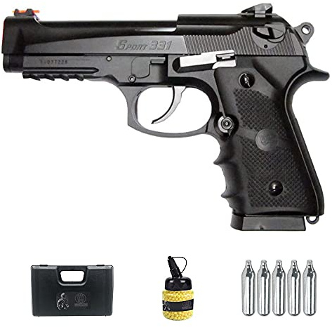 Pistola Sport 331 wg CO2 (6MM) | Arma corta semiautomatica di tipo Beretta B92 SPA 92 (potenza: 1 joule) + valigetta in PVC + bottiglia + bombole (plastica 6mm)