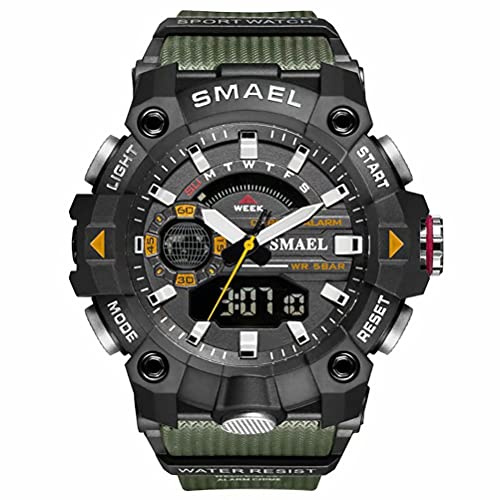 SMAEL Men's Military Style Digital Sports Watch - Waterproof - Chronograph - Large Wrist - Alarm - Date - Multifunction - LED Stopwatch, Military Green, Sporty