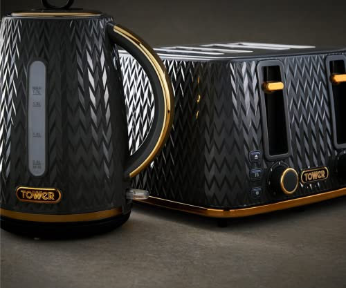 Tower Empire Black Jug 3KW 1.7L Kettle & 4 Slice 1600W Toaster. Art Deco Design Kettle & 4 Slice Toaster Matching Set in Black with Brass Accents
