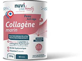NUVILINE Beauty - Collagène Marin Peau Anti-Âge - Hydrolysé En Poudre - Acide Hyaluronique + Vitamine C BIO - Protection Stress Oxydatif - Premium - Fabriqué En France - 280g (45 doses), Neutre