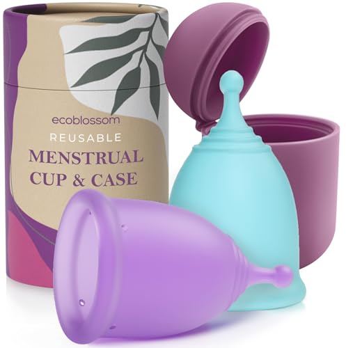 Ecoblossom Coppette mestruali riutilizzabili a prova di perdite - Silicone di grado medicale, sostenibili, ecocompatibili, con custodia. Confezione da 2 coppette mestruali grandi, capacità 30 ml