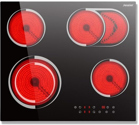 Plaque Vitrocéramique 4 Feux Encastrable 6700W, Jessier Plaque de Cuisson Electrique avec Double Zone de Barbecue Ovale, 9 Niveaux de Puissance, Fonction Pause, Minuterie, Fonction Anti-Touch