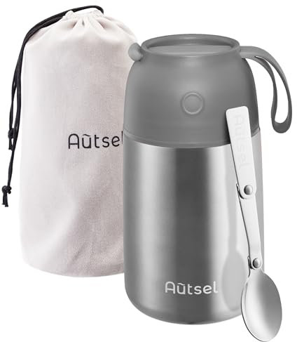 Autsel Thermobehälter für Essen 700 ml, Edelstahl Warmhaltebehälter Thermobecher, Thermo Essensbehälter mit Löffel und tragbaren Isolierbeutel